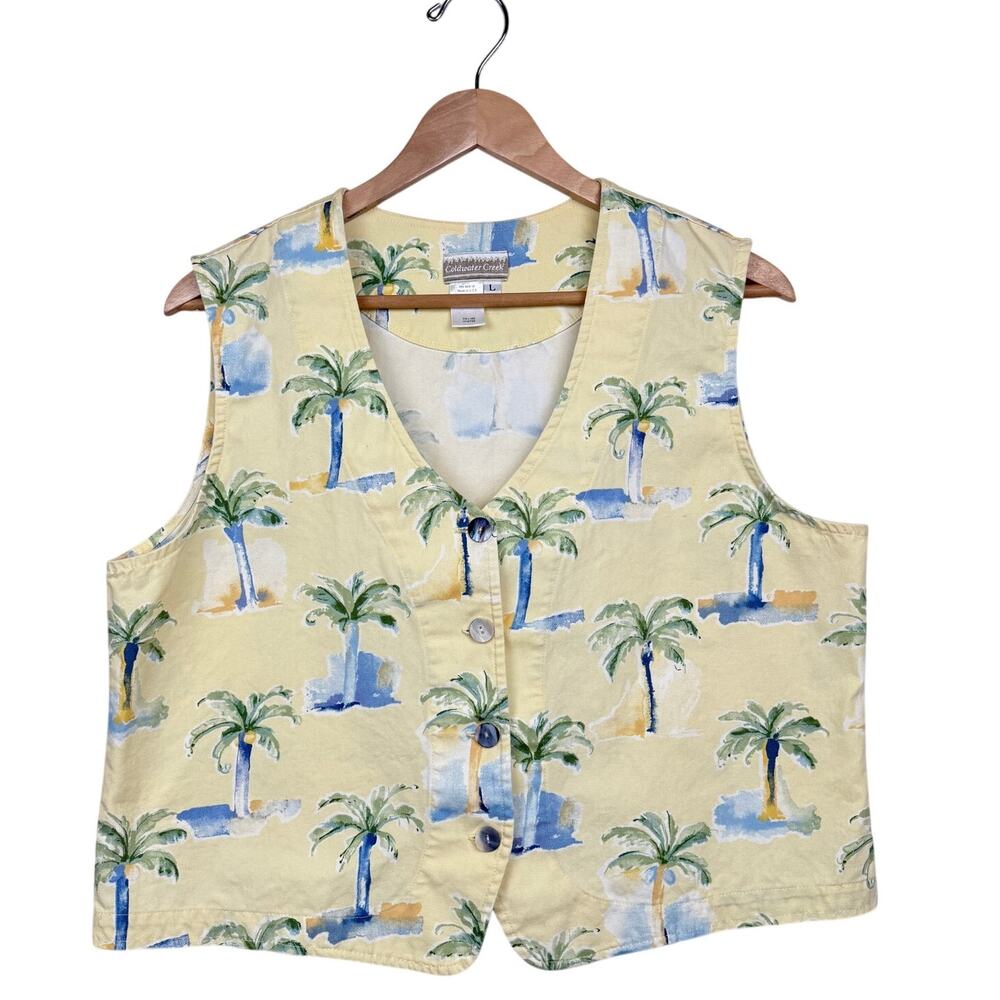 Vintage Coldwater Creek Vest 100% Cotton Palm Tree Print L Made in USA Coastal